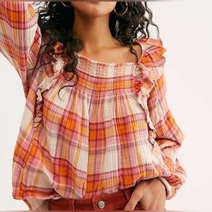 Free People Orange Siena Ruffle Plaid Long Sleeve Blouse Size S Boho Chic Retro